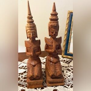 Pair 9" Vtg Authentic Hand Carved Thai Buddhist Teppanom Temple Guardians